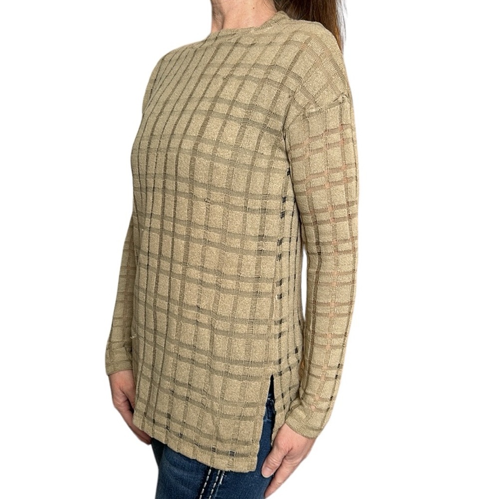 Zara Women’s Sheer Check‎ Stitched Top Long Sleeves Drop Shoulder Tan M